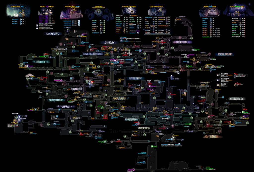 Mapa completo de Hollow Knight con todos los objetos, jefes y secretos del juego